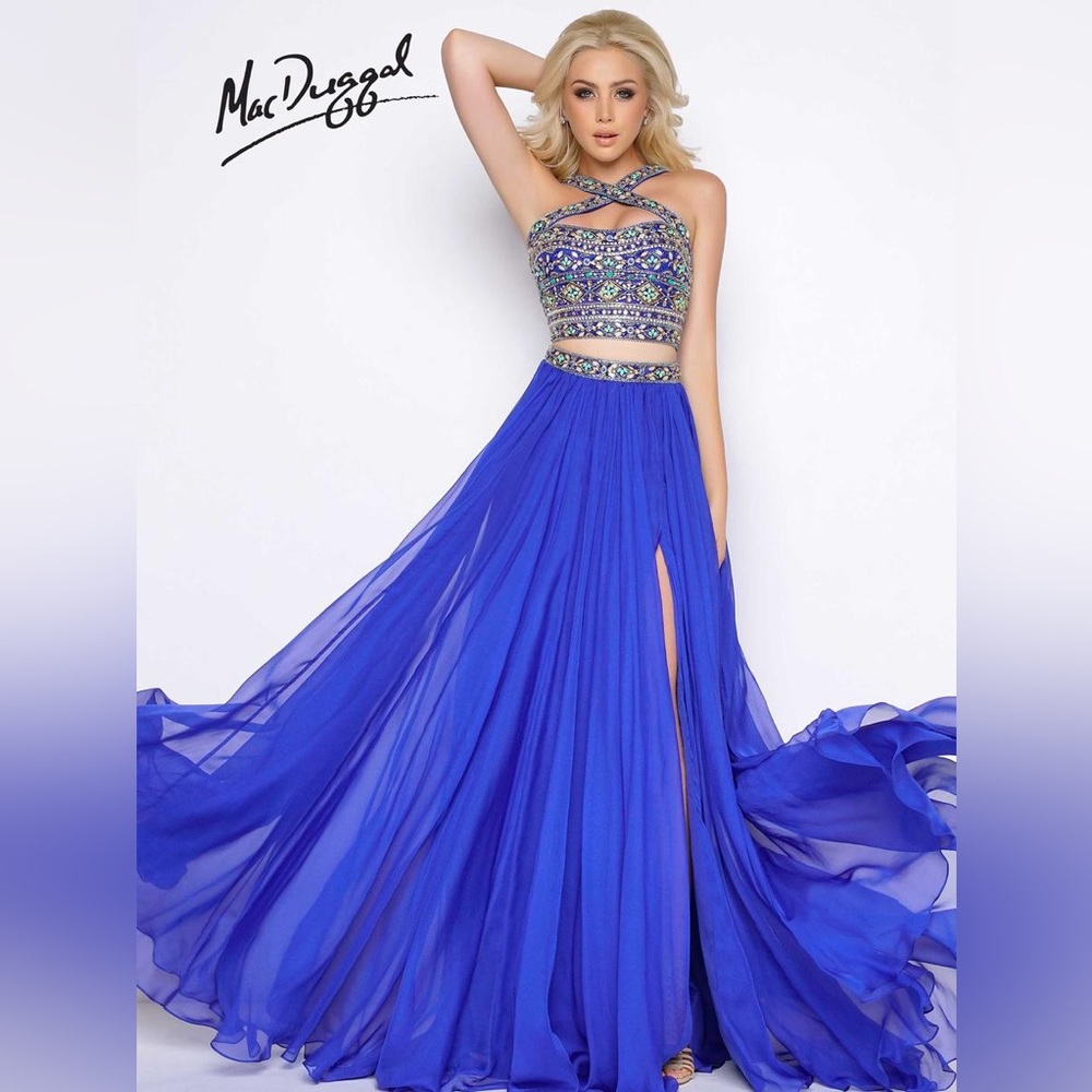 MAC DUGGAL Cassandra Stone Sapphire Blue Beaded 2-Piece Gown